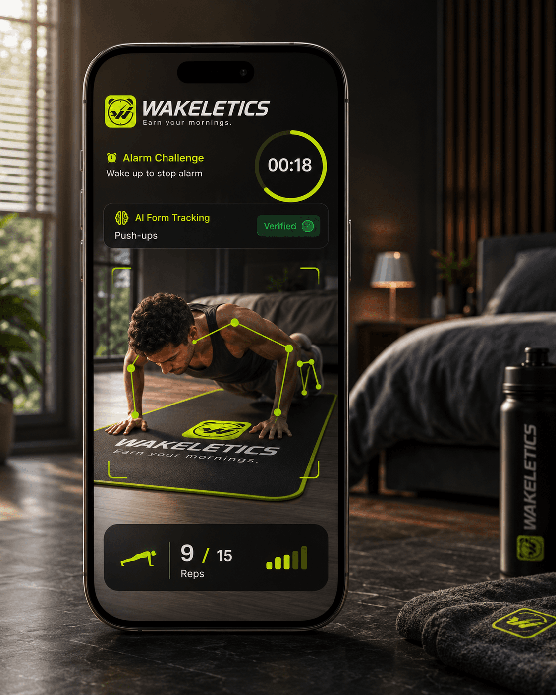An iPhone propped on a bedroom floor, counting push-up reps with an on-device pose overlay